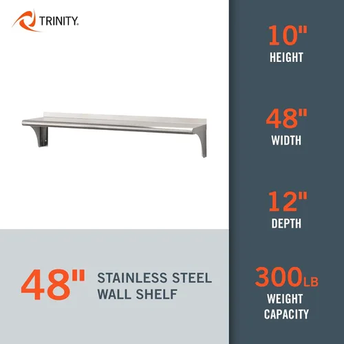 Vista 4 de Trinity THA-3326 EcoStorage NSF Estante de pared de acero inoxidable de grado comercial para cocina, garaje, despensa, almacenamiento, 48 pulgadas