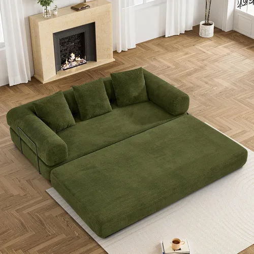 Vista 17 de DAMAIFROM - Sofá cama convertible sin huesos, color beige y blanco 80" Corduroy Modular Compressed Futon Sofa Bed, Pull-Out Cloud Loveseat with