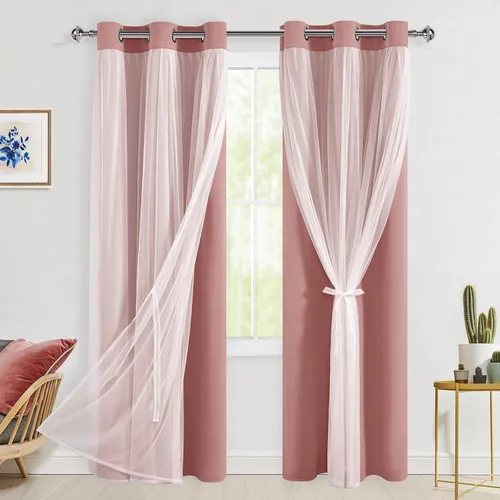 Vista 14 de Hiasan Cortinas opacas con superposición transparente, aislamiento térmico para mezclar y combinar de doble capa, cortinas de oscurecimiento de Beige