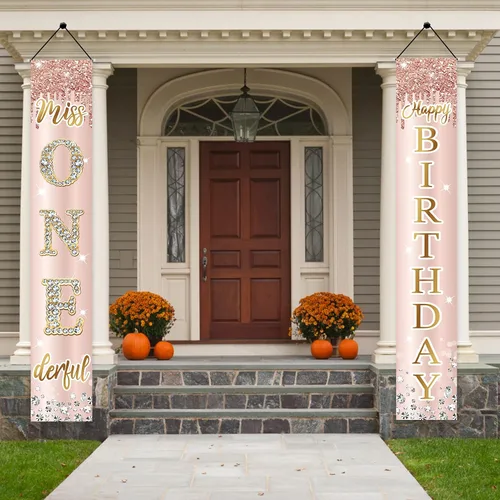 Vista 3 de Miss Onederful - Cartel de feliz cumpleaños para puerta y letrero de porche para niñas bebés, suministros de fiesta de primer cumpleaños, decoración