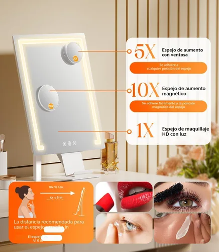 Vista 3 de Gospire Espejo de maquillaje iluminado, Hollywood 4000 mAh recargable con aumento 5X/10X, iluminación regulable de 3 colores, control táctil