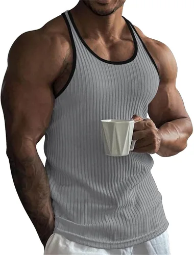 Vista 5 de Camisetas sin mangas para hombre, ajustadas, acanaladas, sin mangas, para gimnasio, entrenamiento, fisicoculturismo, camiseta sin mangas