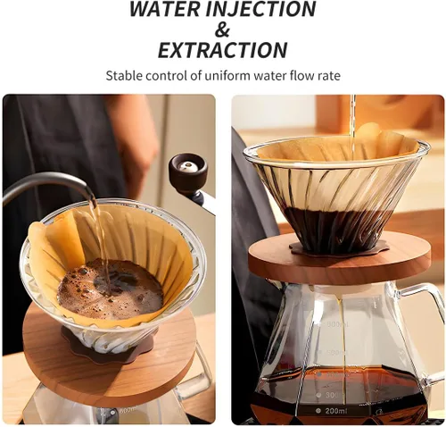 Vista 2 de Kit profesional de cafetera de vidrio para verter sobre café, cafetera en forma de V de 21.1 onzas líquidas con mango de nogal y filtros de 100 V20