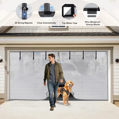 Vista 5 de HBlife Pantalla de privacidad para puerta de garaje de 1 coche, 12 x 7 pies, malla magnética resistente para puerta de garaje, pantalla retráctil