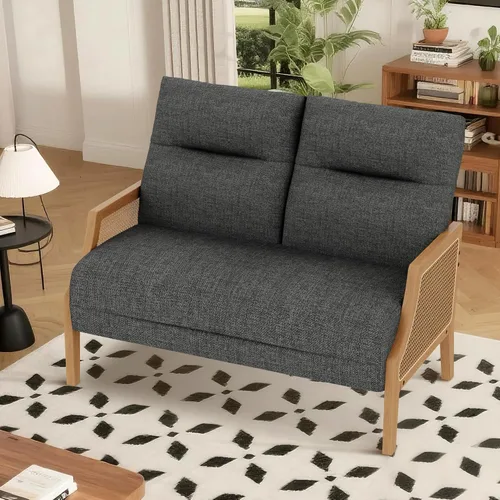 Vista 3 de HAOBO Home Sofá pequeño de dos plazas, mini sofá tapizado con brazos de ratán, sofá pequeño de lino para sala de estar, comedor y dormitorio