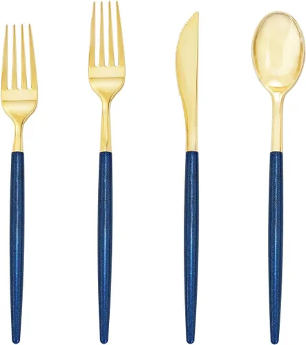 Vista 17 de Supernal 102 cubiertos de plástico dorados, cubiertos dorados con mango negro, colección de cubiertos desechables, incluye 34 tenedores de plástico
