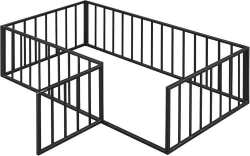 Vista 5 de Cama de suelo de tamaño individual para niños, camas Montessori con rieles y puerta, marco de cama de metal con valla para niños y niñas, color negro