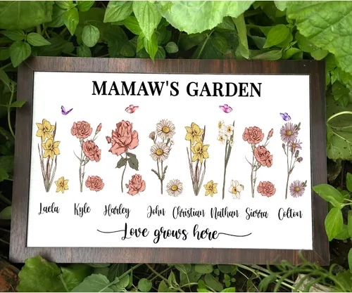 Vista 16 de Nazenti Letrero personalizado con marco de jardín de la abuela con nombres de nietos y flor de nacimiento para regalo del día de la madre, regalos