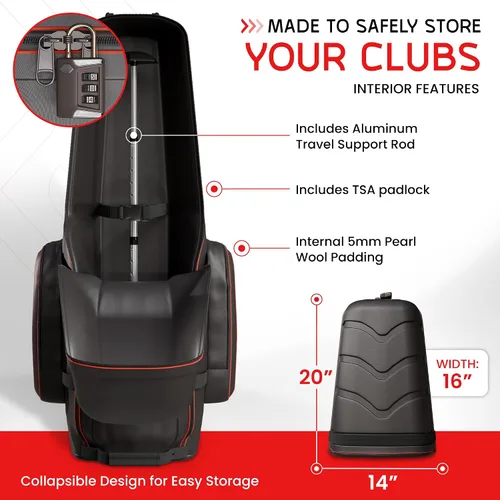 Vista 4 de Bolsa de viaje de golf rígida para aerolíneas, funda duradera para palos de golf con ruedas, cojín interior, bloqueo TSA y varilla de apoyo