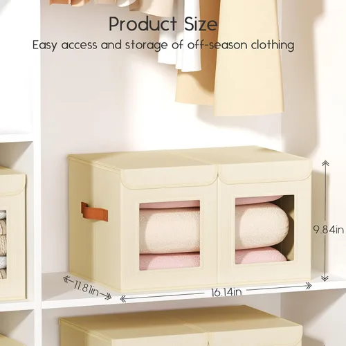 Vista 7 de Homsorout Contenedores grandes de almacenamiento para armario, organizador de ropa plegable dividido con tapas y doble ventana, contenedores Beige