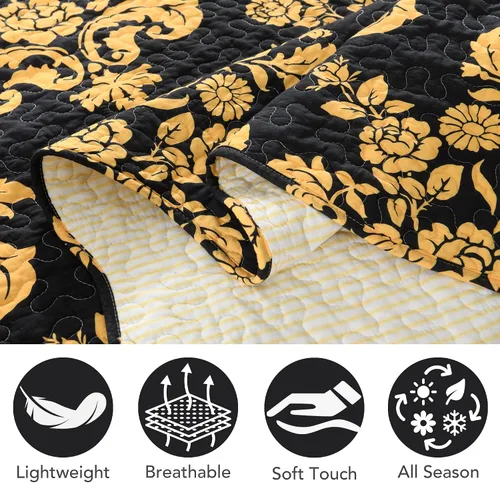 Vista 6 de Juego de edredón 100% algodón tamaño Queen, colcha floral suave prelavada, juego de ropa de cama ligera de 3 piezas para todas las estaciones, ropa