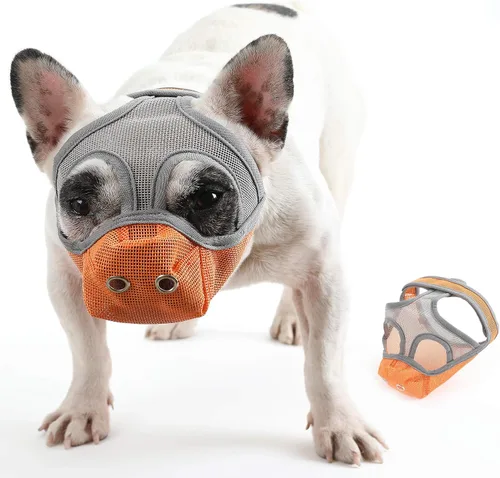 Vista 7 de Bozales cortos para perros – Bozal para bulldog de malla transpirable ajustable que puede sacar la lengua y beber agua, antimordidas y entrenamiento