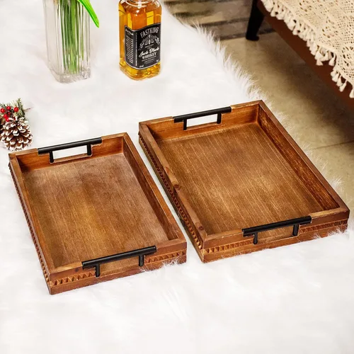 Vista 10 de Juego de 2 bandejas de servir de madera rústica, bandejas decorativas rectangulares marrones estilo granja, tablas de charcutería, plato