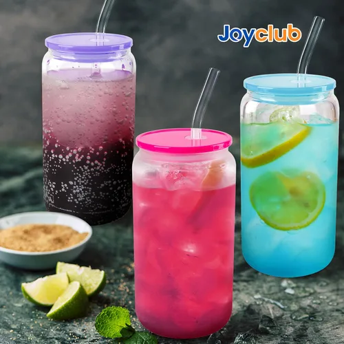 Vista 8 de Joyclub Paquete de 8 tapas acrílicas y 8 vasos de vidrio con tapas acrílicas y pajitas