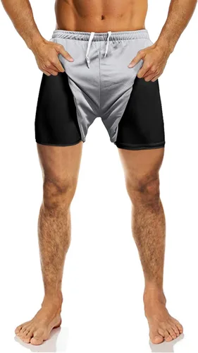 Vista 2 de Traje de baño para hombre con forro para correr, pantalones cortos de entrenamiento, pantalones cortos de gimnasio con laterales grandes divididos