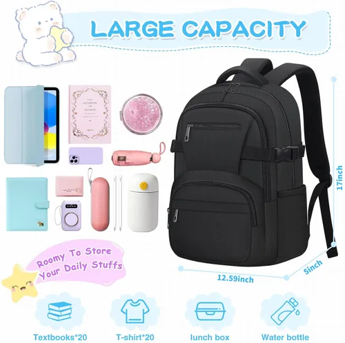 Vista 2 de Linda mochila para la escuela, niñas, niños, mochila escolar estética para mujeres, mochila de viaje para computadora portátil y niños, Negro