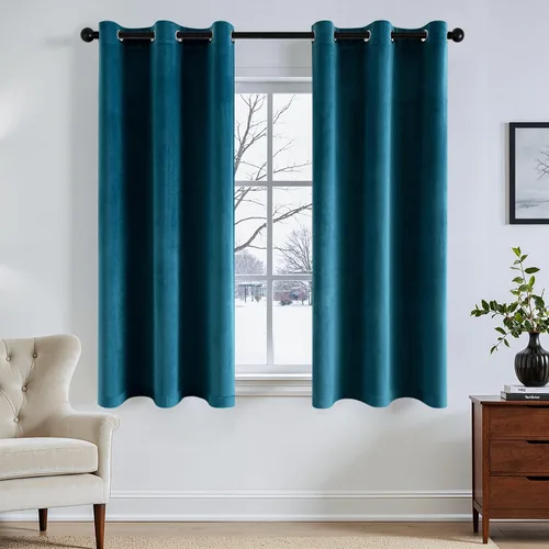 Vista 26 de ANRODUO Cortinas de terciopelo beige de 45 pulgadas de largo, opacas con aislamiento térmico insonorizado, cortinas de privacidad para oscurecer