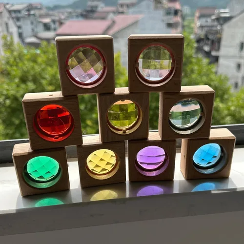 Vista 4 de 16 bloques de gemas de madera acrílica, juguetes apilables coloridos acrílicos brillantes, juguetes educativos Montessori de extremo abierto