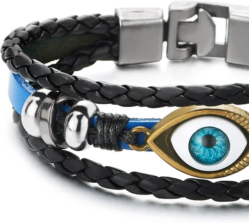 Vista 4 de COOLSTEELANDBEYOND Pulsera de tres filas de cuentas de cuero contra el mal de ojo para hombre y mujer