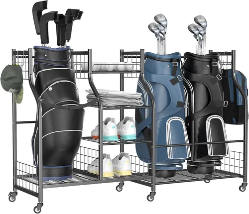 Vista 10 de WALMANN Soporte para bolsa de golf de garaje, almacenamiento grande para bolsas de golf con accesorios de golf, estantes de almacenamiento
