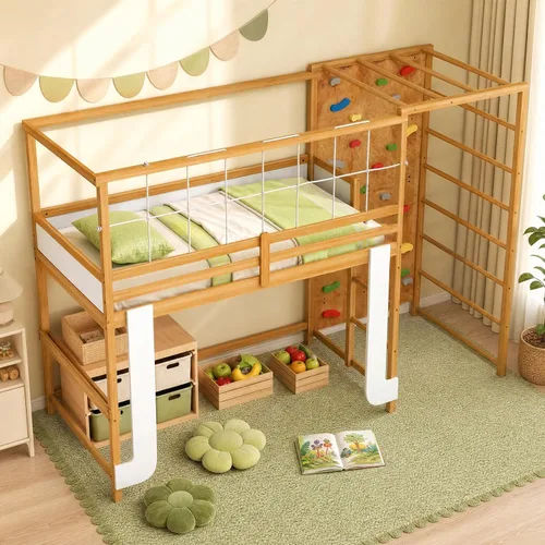 Vista 9 de KOMFOTT Twin Bunk Bed with Jungle Gym, Kids Loft Bed with Rock Wall,Natural