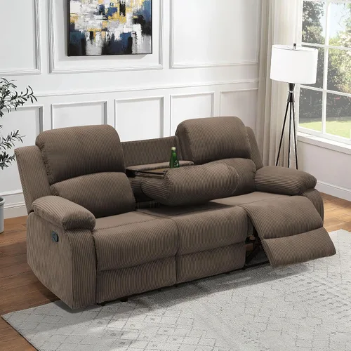 Vista 9 de Juego de sofá reclinable manual para sala de estar, juego de muebles de 3 piezas, sofá reclinable de tela Courduroy y dos sillas con mesa Azul