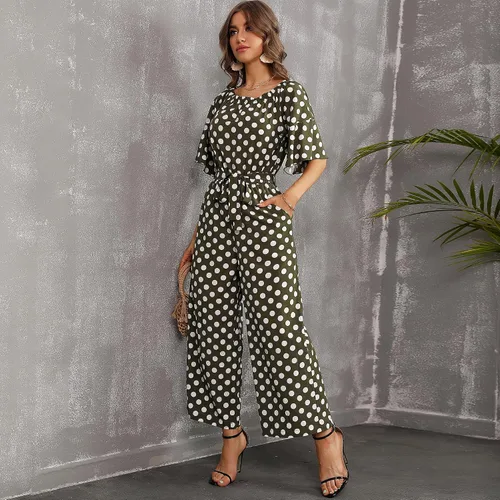 Vista 4 de Love Welove Fashion - Overol para mujer, diseño floral, hombros descubiertos, con volantes, manga corta, cintura alta, pantalones de pierna ancha