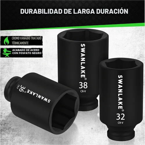 Vista 4 de SWANLAKE 9 piezas de 1,27 cm de enchufes de impacto métrico, enchufe de tuerca de eje de husillo, 29 mm-38 mm, CR-V