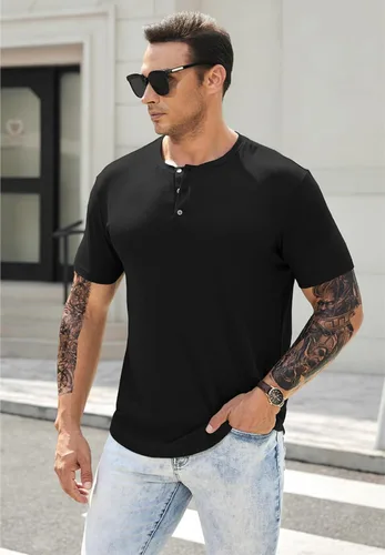 Vista 7 de JMIERR Camisas musculares ajustadas Henley con cuello redondo para hombre, camiseta larga para gimnasio, entrenamiento, atlética, con botón