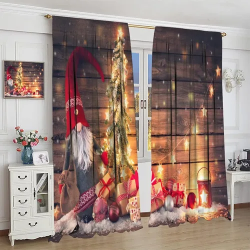 Vista 4 de Cortinas de Navidad de gnomo, bolas de árbol de Navidad, luces, regalos, decoración de tablones para sala de estar, dormitorio, bolsillo para barra