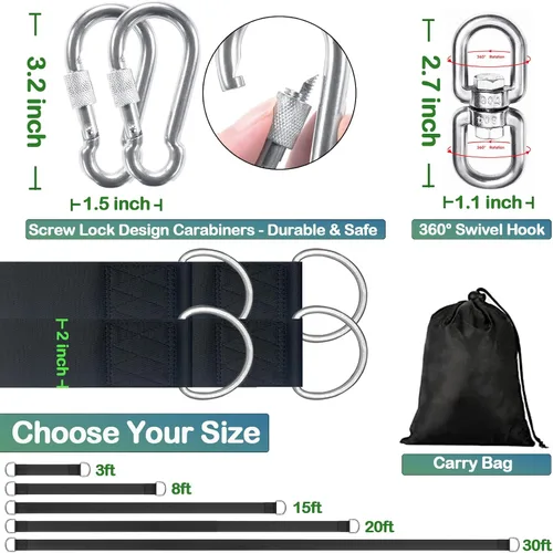 Vista 6 de Kit de correas colgantes para columpio de árbol - 3 pies/8 pies/15 pies/20 pies/30 pies, fuerte y duradero - Capacidad de hasta 5000 libras