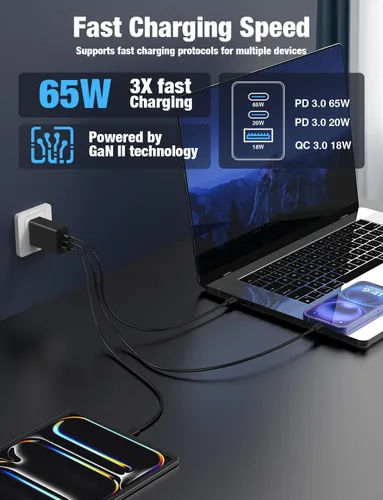Vista 3 de Paquete de 2 bloques de cargador de pared USB C de 65 W, adaptador de carga USB C de 3 puertos de 100 W tipo C de carga súper rápida para MacBook