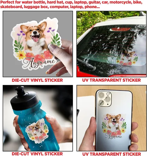 Vista 2 de Calcomanía personalizada con foto de perro y gato, retrato de mascota con nombre y flores, cara, fotos impermeables de vinilo troquelado