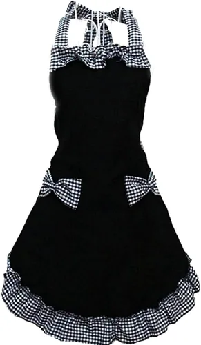 Vista 6 de Violet Mist Lindos delantales negros para mujeres con bolsillos, delantales vintage retro elegantes para niñas con lazo, vestido sexy de los años