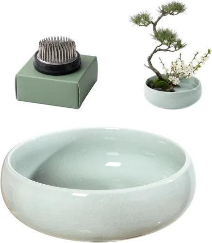 Vista 13 de Water Lotus - Juego de maceta de tazón de compota japonesa con rana floral de 1.8 pulgadas, ideal para Ikebana, arreglo floral y plantación Azul