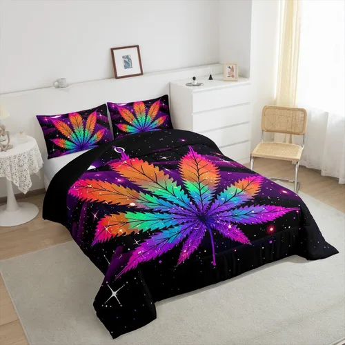Vista 4 de Erosebridal Juego de edredón de hojas de cannabis, juego de ropa de cama de marihuana con estampado colorido de plantas, decoración bohemia de 2