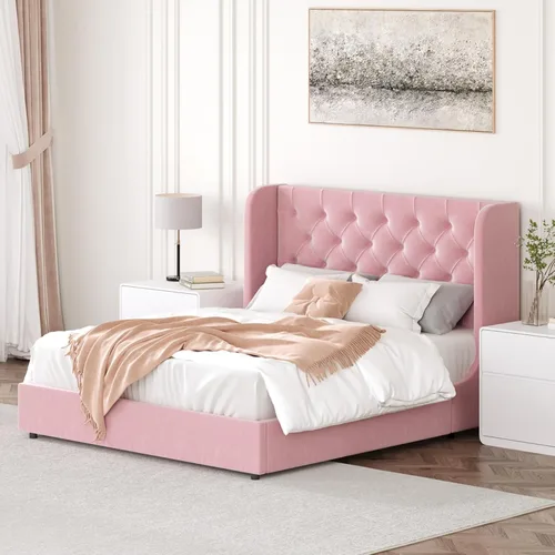 Vista 13 de HOMBCK - Marco de cama tamaño completo, base de cama tapizada en plataforma gris con cabecero, terciopelo acolchado, diseño de ala curvada, listones