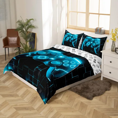 Vista 2 de Juego de funda de edredón con diseño de videojuegos para niños, tamaño individual, negro y azul a cuadros, juego de ropa de cama moderna