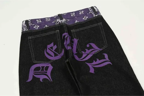 Vista 6 de American Vintage - Pantalones de mezclilla para hombre, estilo gótico, con estampado de letras en contraste, holgados, de pierna ancha, casuales
