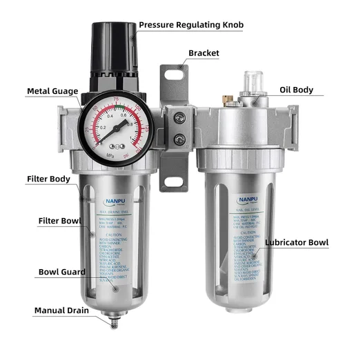 Vista 5 de NANPU 1/2" NPT Regulador de presión de filtro de aire Lubricador Kit de medidor de secador de agua/aceite Separador de trampa 3 en 1 Unidad gemela