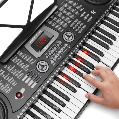 Vista 3 de Hamzer Teclado de piano con teclas iluminadas de 61 teclas, juego de teclado de piano electrónico para principiantes con soporte, banco