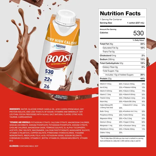 Vista 2 de BOOST Bebida nutricional muy alta en calorías, ayuda al aumento de peso y mantenimiento, 530 calorías, 26 vitaminas y minerales, 0.78 oz