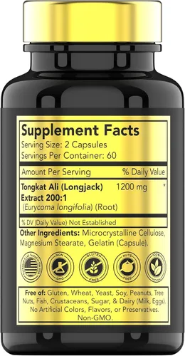 Vista 2 de Tongkat Ali para hombres: 1200 mg x 120 cápsulas También conocido como raíz de Longjack Suplemento Tongkat Ali 100% natural y ultra potente