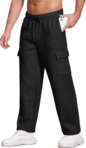 Vista 6 de Deyeek Pantalones deportivos con forro polar para hombre, pantalones deportivos de carga con parte inferior abierta, pantalones deportivos