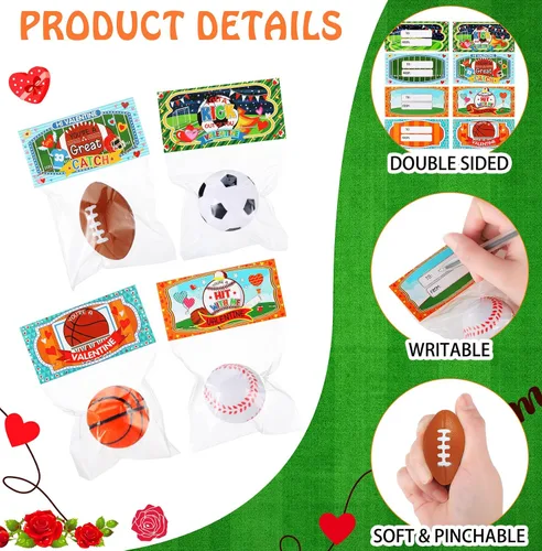 Vista 3 de Zhanmai 36 bolas de estrés deportivas para el día de San Valentín con tarjetas de regalo para niños, baloncesto, béisbol, fútbol, fiesta