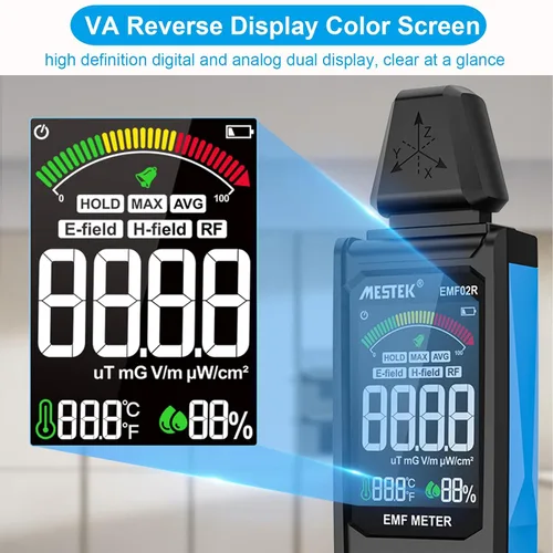 Vista 3 de AceFox Detector de EMF para Detectar EF RF MF, Pantalla LCD Digital, Mide uT mG/V/m pW/cm², Medidor de EMF Recargable 3-en-1 para Inspecciones