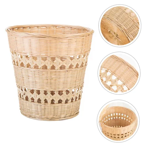 Vista 3 de Cesta de basura de ratán, cubo de basura de ratán, cesta de basura redonda de mimbre, contenedor de basura para cocina, sala de estar, dormitorio