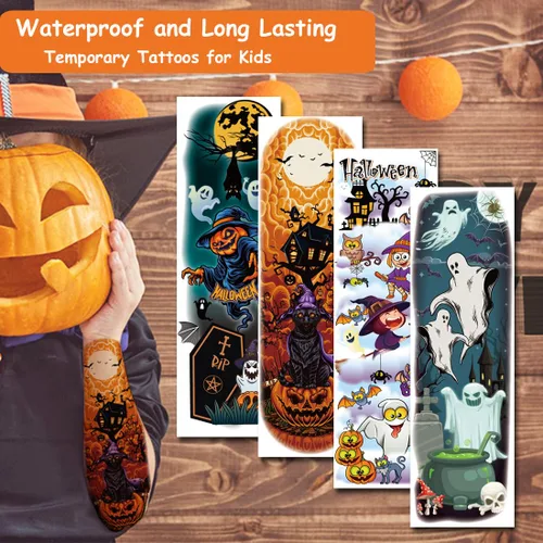 Vista 4 de CHARLENT Tatuajes temporales de brazo completo de Halloween para niños, 11 hojas de tatuajes de Halloween de brazo completo para niños y niñas
