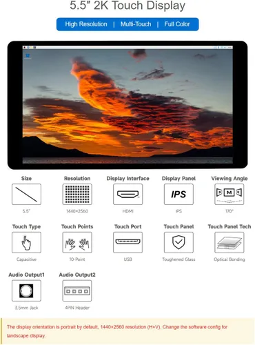 Vista 3 de waveshare Pantalla LCD táctil capacitiva 2K de 5.5 pulgadas compatible con Raspberry Pi 5/4B/3B+/Pi 3B/Zero 2w/Zero w y CM4 compatible con Windows