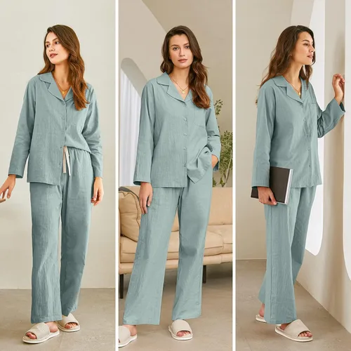 Vista 5 de Ekouaer Conjunto de pijama de dos piezas para mujer de lino y algodón con botones de manga larga con bolsillo S-XXL